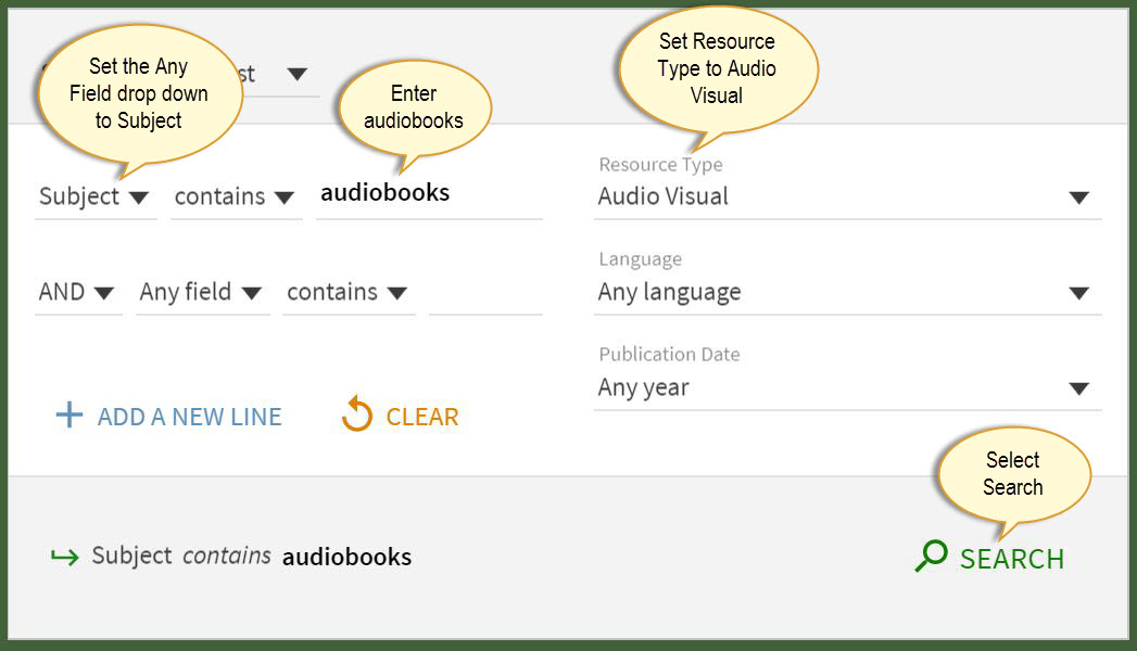 Advanced search screen showing search. Subject is audiobooks and Resource Type is audio visual.