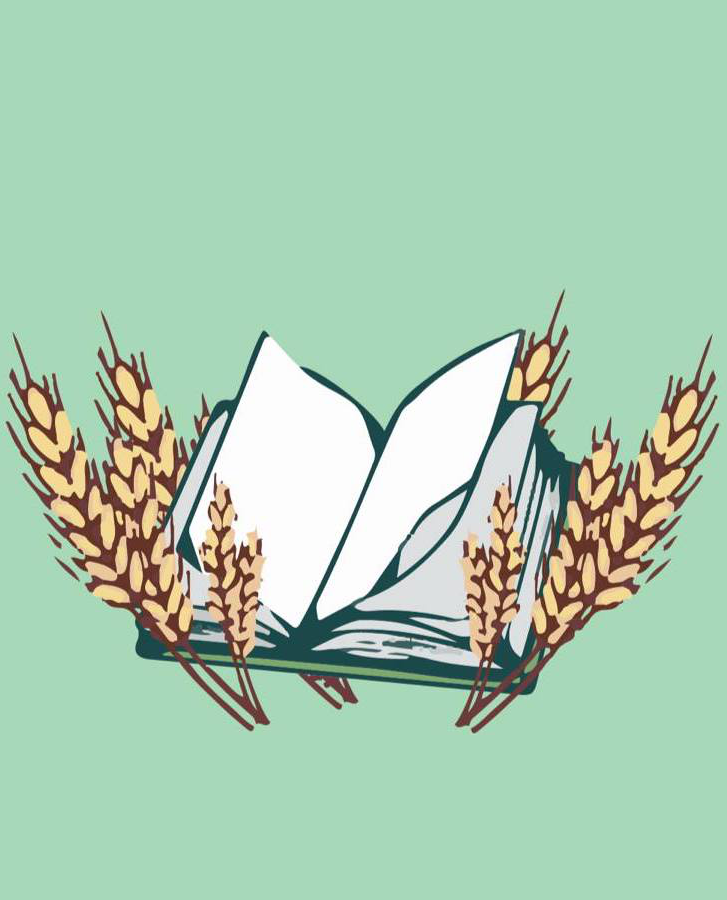 Drawing of open book, surrounded by sprigs of wheat, on a light green background
