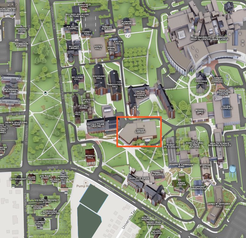 Campus map showing Howe Library