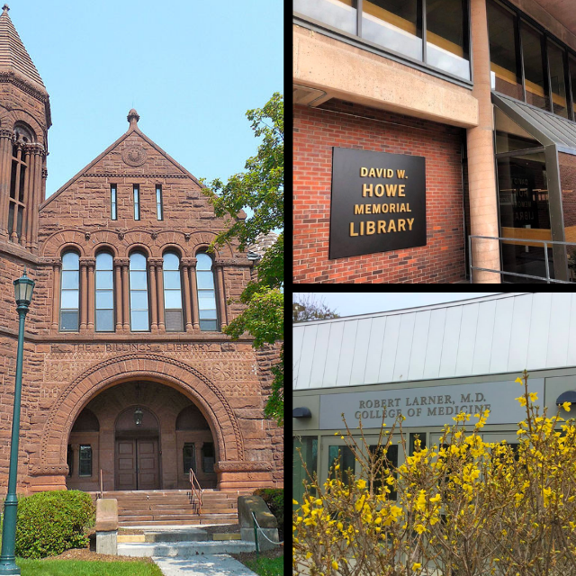 Exterior building facades of Billings, Howe, and Dana libraries