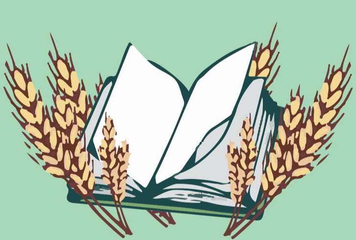 Drawing of open book, surrounded by sprigs of wheat, on a light green background