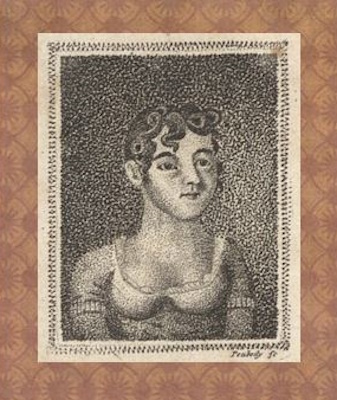Engraved portrait of a young woman with curls on her forehead.