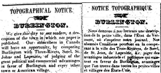 Extract from a bilingual article: Notice topographique/ Topographical notice about Burlington, 4 Septembre 1839.