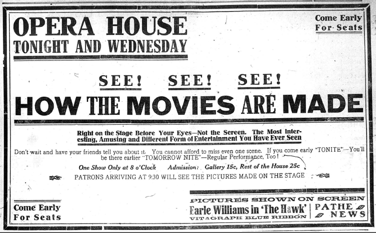 An advertisement for a play about how movies are made from September 11, 1917 in the Bennington Evening Banner.