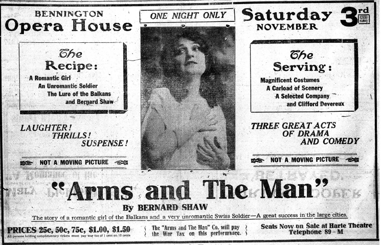 Advertisement for Arms and the Man from November 1, 1917, in the Bennington Evening Banner. 