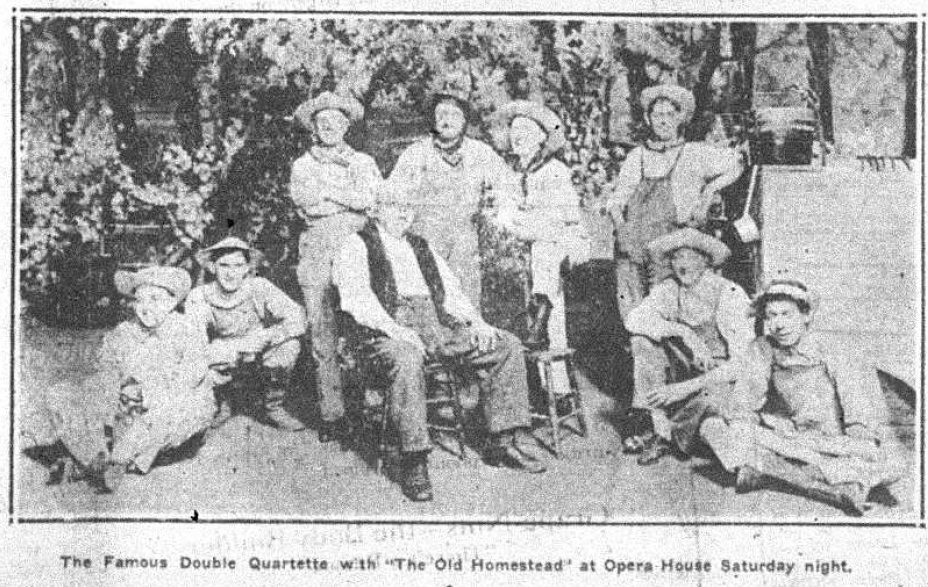 The cast of "The Old Homestead," a play about a rural farmer who leaves to go in search of his son who has left for the city. Printed in the Bennington Evening Banner, August 11, 1921.
